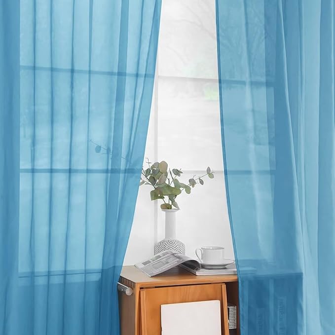youleyar Solid Sheer Rod Pocket Curtain Voile Draperies 2 Panels White Beige Black Grey Ivory 52 Inch Width 90 Inch Long 1 Pair for Kitchen Bedroom Children Living Room Yard (Blue,52Wｘ90L)