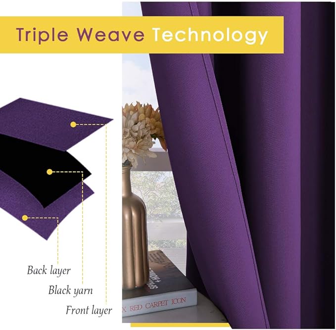 NICETOWN Blackout Curtains & Drapes for Bedroom, Royal Purple, W34 x L40, Set of 2, Triple Weave Grommet Top Thermal Insulated Light Blocking Panels for Bathroom/Living Room