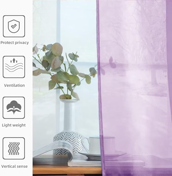 youleyar Solid Sheer Rod Pocket Curtain Voile Draperies 2 Panels White Beige Black Grey Coffee 52 Inch Width 90 Inch Long 1 Pair for Kitchen Bedroom Children Living Room Yard (Lavender,52Wｘ90L)
