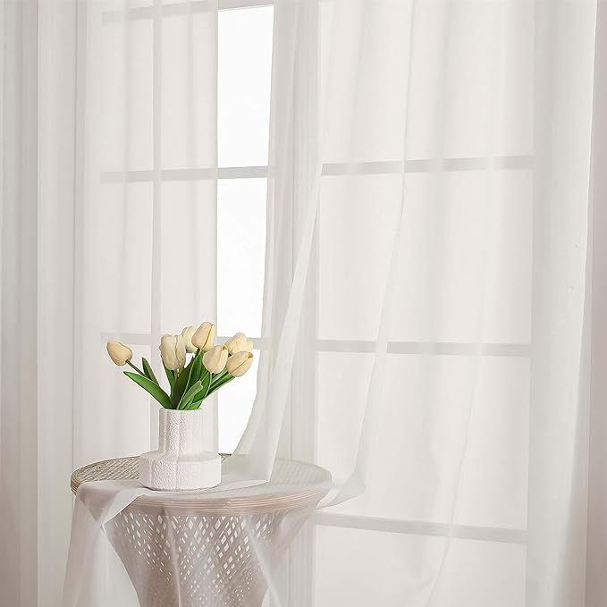 Lecloud Ivory Sheer Curtains 63 Inch Length 2 Panels Set, Rod Pockets Voile Bedroom Curtains for Living Room, Soft Light Filtering Window Treatments Drapes for Bathroom, Each Panel 59" W x 63" L