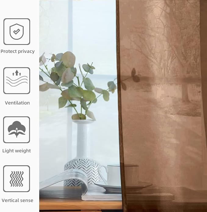 youleyar Solid Sheer Rod Pocket Curtain Voile Draperies 2 Panels White Beige Black Grey Coffee 52 Inch Width 90 Inch Long 1 Pair for Kitchen Bedroom Children Living Room Yard (Brown,52Wｘ90L)