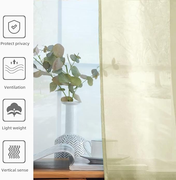 youleyar Solid Sheer Rod Pocket Curtain Voile Draperies 2 Panels White Beige Black Grey Ivory 52 Inch Width 96 Inch Long 1 Pair for Kitchen Bedroom Children Living Room Yard (Sage Green,52Wｘ96L)