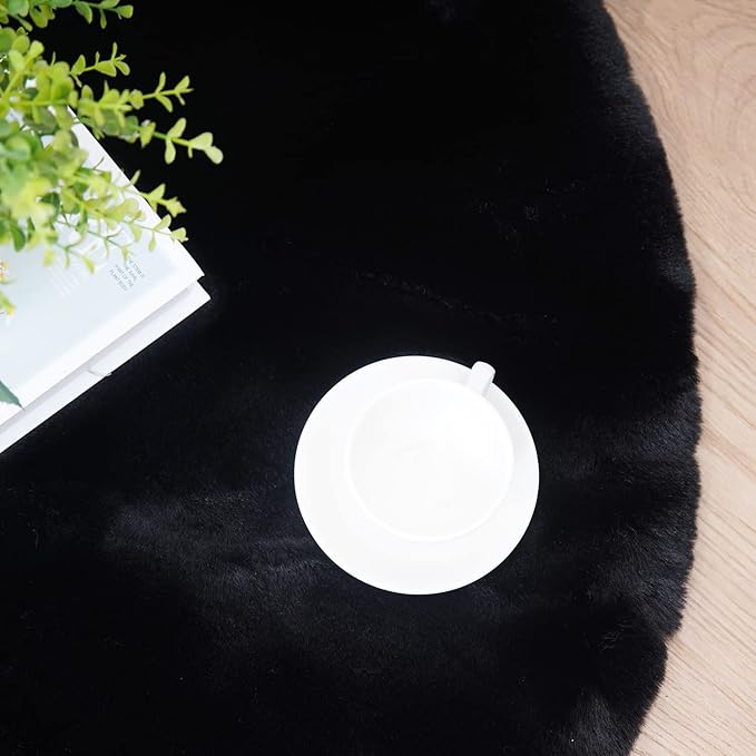 Ghouse Faux Rabbit Fur Round Rug 8ft Black Round Rugs for Bedroom Decor Fluffy Area Rugs for Living Room, no-Shedding Carpet Sheepskin Washable Rug Rome Decor