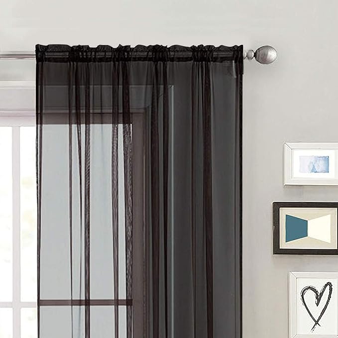 SpaceDresser Sheer Voile Window Treatment Rod Pocket Curtain Panels for Kitchen Bedroom Living Room Drapes Sunlight Filtering Privacy Semi Home Decor Assorted (Black, 52 W x 90 L)