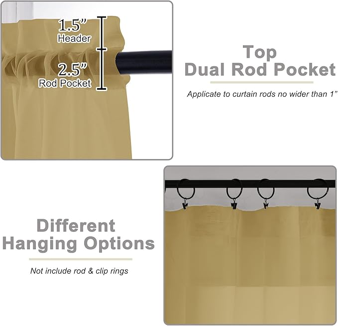 Extra Long Gold Sheer Curtains for Bedroom Living Room 108 Inches Long 2 Panels Set, Solid Soft Light Filtering Rod Pocket Sheer Window Curtains, Gold, Each 59" Wx108 L Inch