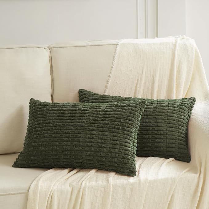 Fancy Homi 4 Packs Boho Olive Green Decorative Throw Pillow Covers 16x24 Inch for Couch Bed Sofa, Rustic Modern Farmhouse Home Decor, Soft Plush Corduroy Cute Square Cushion Case 40x60 cm