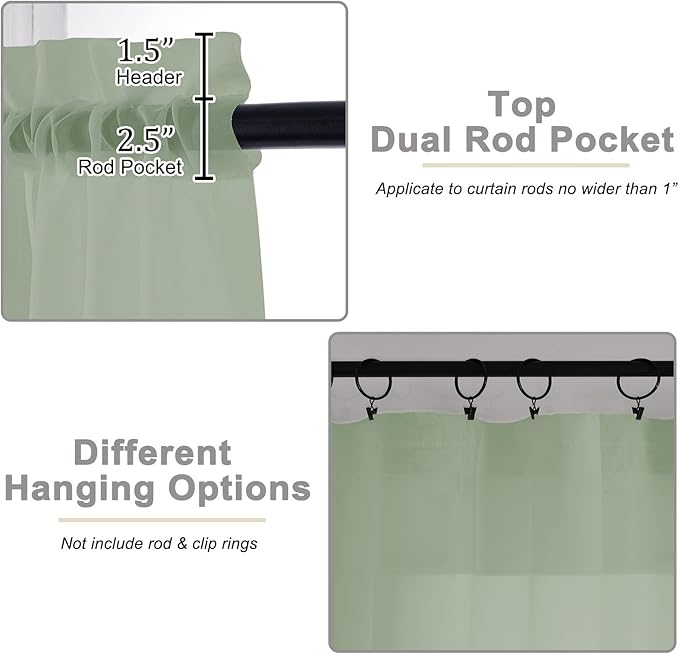 Extra Long Sage Green Sheer Curtains for Bedroom Living Room 120 Inches Long 2 Panels Set, Solid Soft Light Filtering Rod Pocket Sheer Window Curtains, Each 59" Wx120 L Inch