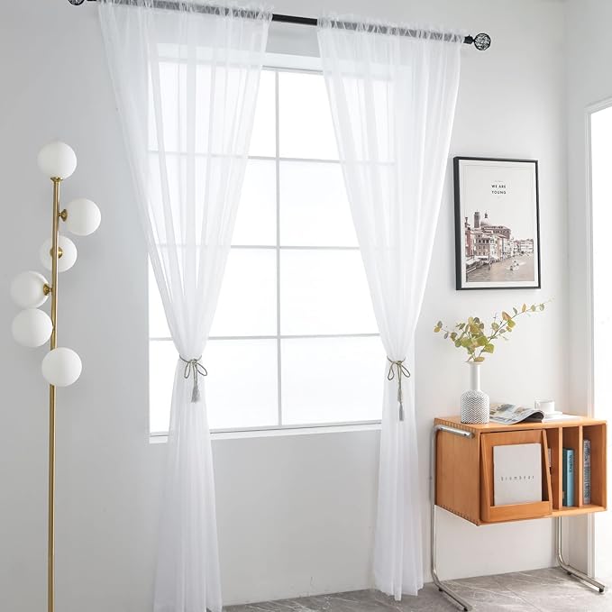SpaceDresser Basic Rod Pocket Sheer Voile Window Curtain Liners White 2 Panels 42 Width 63 Inch Long for Kitchen Bedroom Children Living Room Yard（White，42Wx 63L）