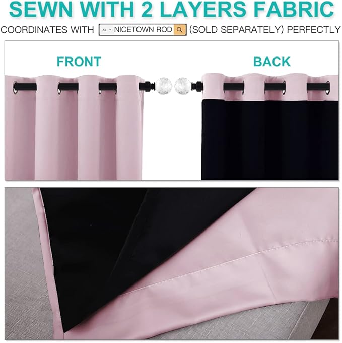 NICETOWN Full Shading Curtains for Windows, Super Heavy-Duty Black Lined Blackout Curtains for Girl's Room, Privacy Assured Heavy Drapes (Lavender Pink, Pack of 2, 52 inches W x 95 inches L)