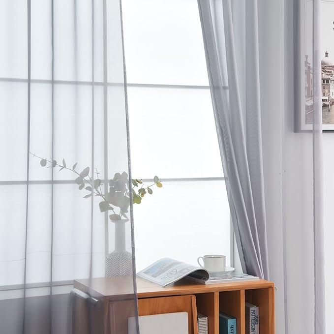 SpaceDresser Sheer Voile Window Treatment Rod Pocket Curtain Panels for Kitchen Bedroom Living Room Drapes Sunlight Filtering Privacy Semi Home Decor Assorted Colors Sizes (Grey, 52 W x 84 L)