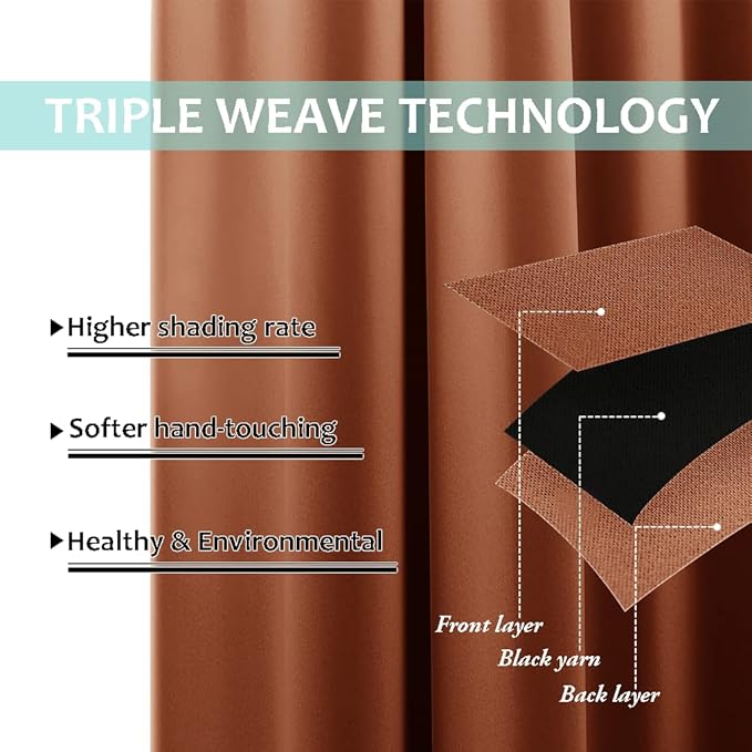 NICETOWN Burnt Orange 100% Blackout Lined Curtains, 2 Thick Layers Completely Blackout Window Treatment Panels Thermal Insulated Drapes for Kitchen (1 Pair, 42" Width x 63" Length Each Panel)