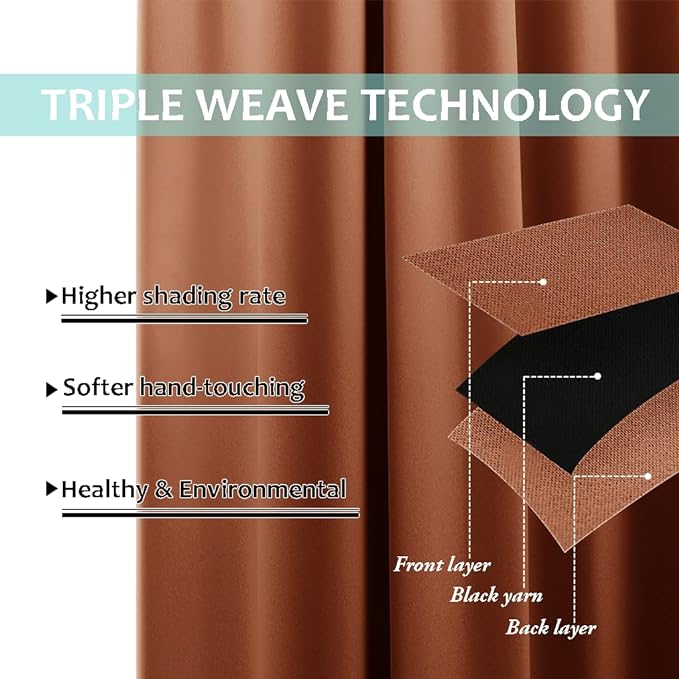 NICETOWN 100% Blackout Window Curtain Panels, Cold and Full Light Blocking Drapes with Black Liner for Nursery, 84 inches Drop Thermal Insulated Draperies (Burnt Orange, 2 PCs, 62" Wide Each Panel)
