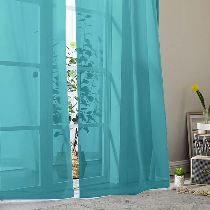 Turquoise Sheer Curtains for Bedroom Living Room 45 Inch Length 2 Panels, Soft Airy Light Filtering Small Kitchen Window Curtains, Rod Pocket Short Curtain Drapes, 42" Wx45 L Inches