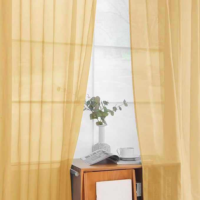 youleyar Solid Sheer Rod Pocket Curtain Voile Draperies 2 Panels White Beige Black Grey Ivory 52 Inch Width 96 Inch Long 1 Pair for Kitchen Bedroom Children Living Room Yard (Gold,52Wｘ96L)