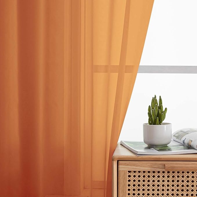 Orange Sheer Curtain for Bedroom Living Room 72 Inches Long 2 Panels Set, Solid Soft Airy Light Filtering Sheer Window Curtains, Modern Rod Pocket Door Curtain, Orange, 42" Wx72 L Inches