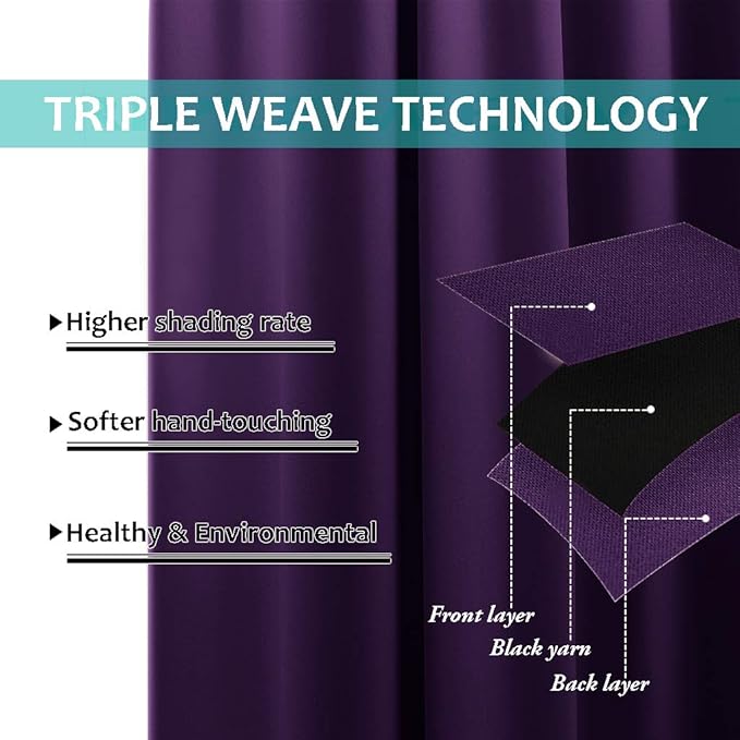 NICETOWN Total Shade Curtains and Draperies, Royal Purple, Package of 2, 62 inches Wide x 95 inches, LongHeavy-Duty Full Light Shading Drapes with Black Liner Backing for Villa/Hall/Dorm Window