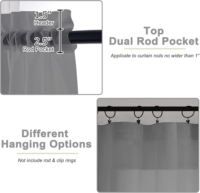 Grey Sheer Curtain for Bedroom Living Room 78 Inches Long 2 Panels Set, Solid Soft Airy Light Filtering Sheer Window Curtains, Modern Rod Pocket Door Curtain, Grey, 42" Wx78 L Inches