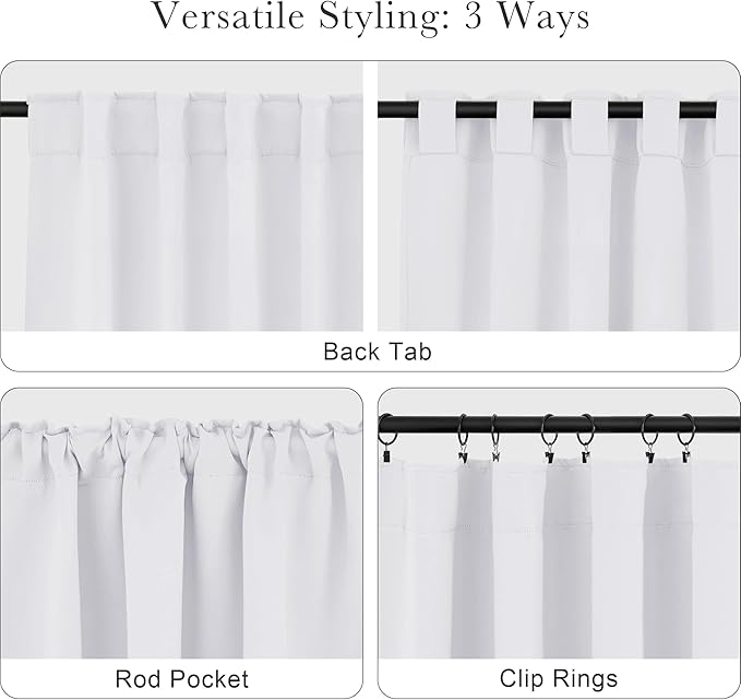 PONY DANCE 50% Light Filtering Curtains 96 inch Long, Non-See-Through Curtains for Bedroom, Thermal Insulated Drapes for Living Room Window with Back Tab, 52 x 96 Inch,2 Panels Set, Pure White