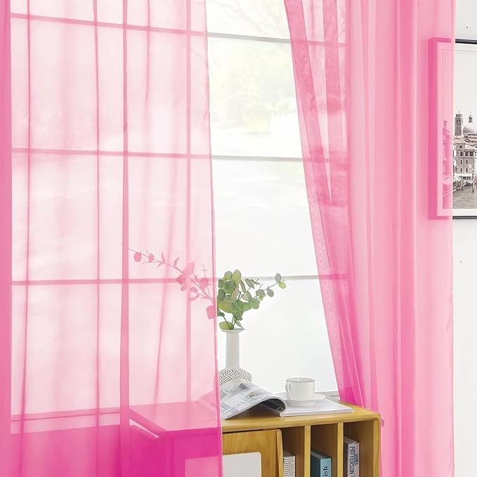 youleyar Solid Sheer Rod Pocket Curtain Voile Draperies 2 Panels White Beige Black Grey Ivory 60 Inch Width 108 Inch Long 1 Pair for Kitchen Bedroom Children Living Room Yard (Pink,60Wｘ108L)