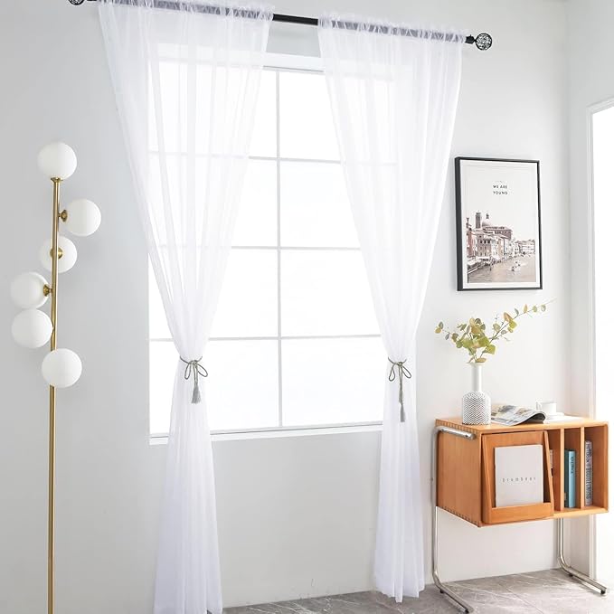 youleyar Sheer Rod Pocket Curtain Voile Draperies 2 Panels White Beige Black Grey Coffee 52 Inch Width 90 Inch Long 1 Pair for Kitchen Bedroom Children Living Room Yard (Optical White,52Wｘ90L)