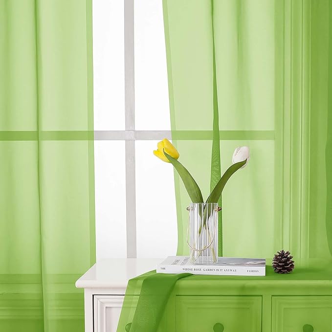Lecloud Lime Sheer Curtains 72 Inches Long 2 Panels, Solid Voile Light Filtering Dual Rod Pockets Living Room Curtains, Rod Pockets Bedroom Decor Transparent Airy Drapes, Each Panel 42" W x 72" L