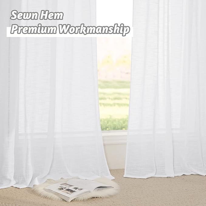 RYB HOME White Curtains & Drapes - Linen Textured Semi Sheer Curtains Privacy Panels for Living Room Bedroom Dining Patio Door Large Window Decor, W 70 x L 108, 2 Pcs