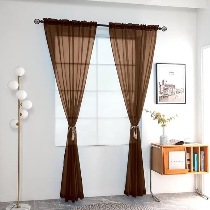 youleyar Solid Sheer Rod Pocket Curtain Voile Draperies 2 Panels White Beige Black Grey Coffee 52 Inch Width 90 Inch Long 1 Pair for Kitchen Bedroom Children Living Room Yard (Brown,52Wｘ90L)