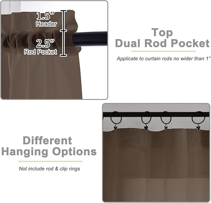 Sheer Chocolate Curtains for Bedroom Living Room 63 Inch Length 2 Panels, Airy Soft Light Filtering Sheer Dining Room Curtains, Modern Rod Pocket Drapes, Chocolate, Each 42" Wx63 L Inches