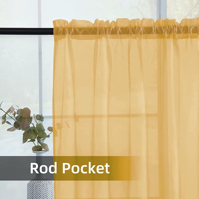youleyar Solid Sheer Rod Pocket Curtain Voile Draperies 2 Panels White Beige Black Grey Ivory 52 Inch Width 108 Inch Long 1 Pair for Kitchen Bedroom Children Living Room Yard (Gold,52Wｘ108L)