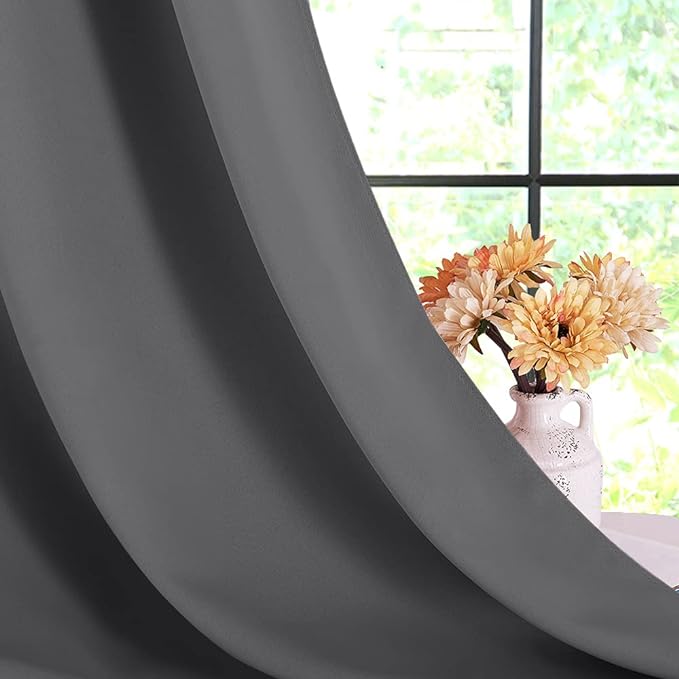 NICETOWN Bedroom Curtains Blackout Drapery Panels, Three Pass Microfiber Thermal Insulated Solid Ring Top Blackout Window Curtains/Drapes (Two Panels, 70 x 72 inches, Gray)