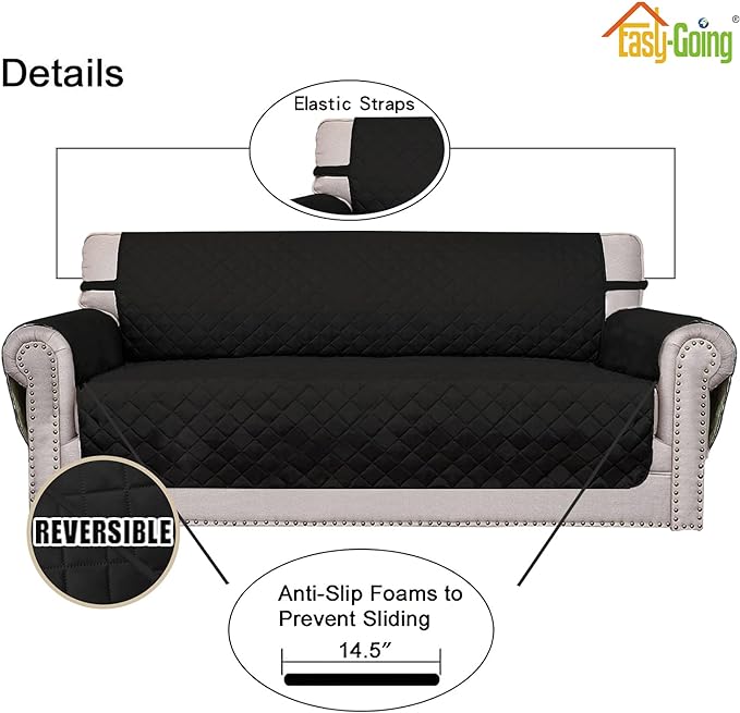 Easy-Going Sofa Slipcover Reversible Loveseat Sofa Cover Couch Cover for 2 Cushion Couch Furniture Protector with Elastic Straps for Pets Kids Dog Cat (Oversized Loveseat, Black/Black)