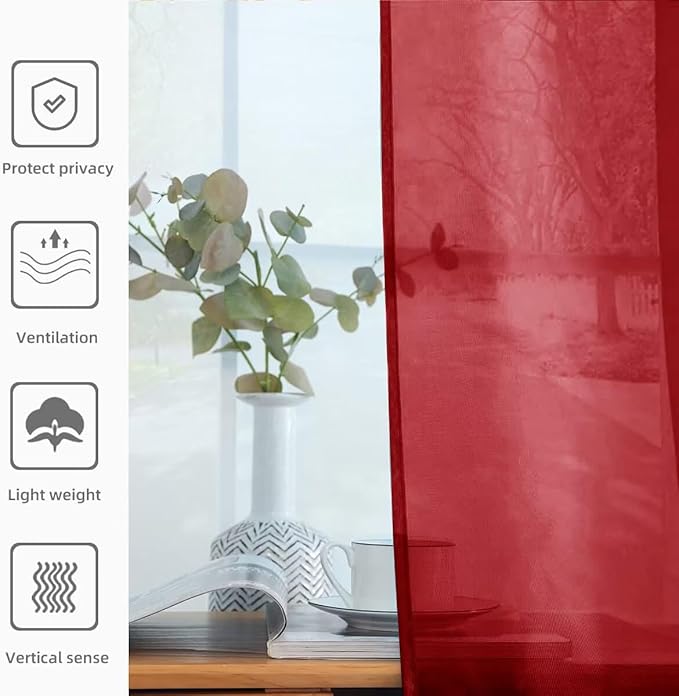 youleyar Solid Sheer Rod Pocket Curtain Voile Draperies 2 Panels White Beige Black Grey Ivory 52 Inch Width 84 Inch Long 1 Pair for Kitchen Bedroom Children Living Room Yard (Christmas Red,52Wｘ84L)