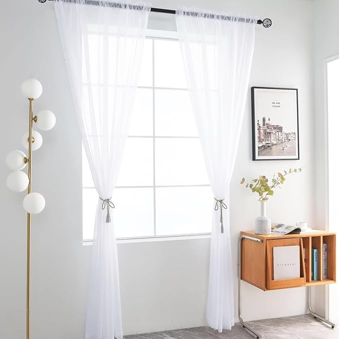 youleyar Solid Sheer Rod Pocket Curtain Voile Draperies 4 Panels White Beige Black Grey Ivory 52 Inch Width 90 Inch Long 1 Pair for Kitchen Bedroom Children Living Room Yard(Optical White,52 Wｘ90 L)