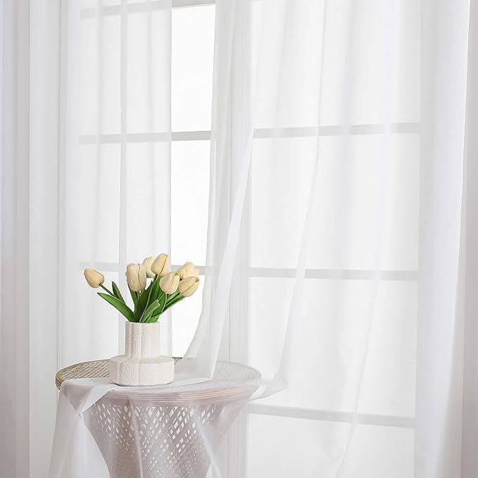 Lecloud White Sheer Curtains 102 Inches Long 2 Pcs, Light Filtering Living Room Curtains for Bedroom, Rod Pockets Voile Drapes for Dining Room Yard Patio Sliding Door, Each Panel 59" W x 102" L
