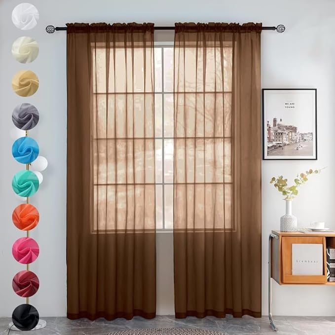 youleyar Solid Sheer Rod Pocket Curtain Voile Draperies 2 Panels White Beige Black Grey Coffee 52 Inch Width 90 Inch Long 1 Pair for Kitchen Bedroom Children Living Room Yard (Brown,52Wｘ90L)