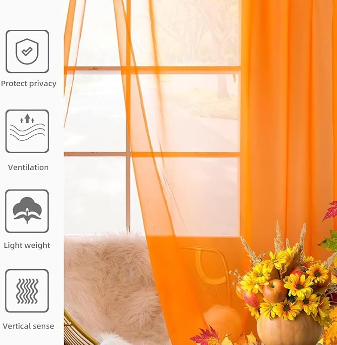 youleyar Solid Sheer Rod Pocket Curtain Voile Draperies 2 Panels White Beige Black Grey Coffee 52 Inch Width 63 Inch Long 1 Pair for Kitchen Bedroom Children Living Room Yard (Orange,52Wｘ63L)