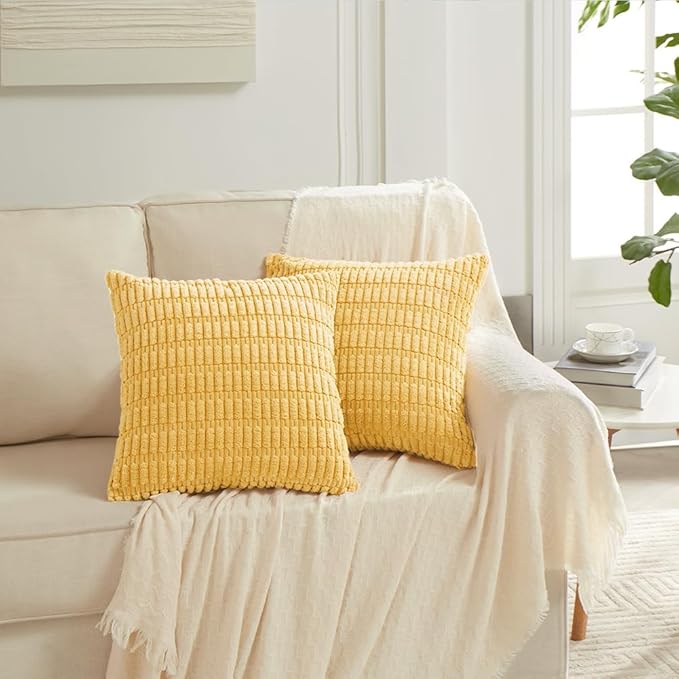 Fancy Homi 4 Packs Yellow Euro Decorative Throw Pillow Covers 26x26 Inch for Living Room Couch Bed Sofa, Rustic Farmhouse Boho Home Decor, Soft Striped Corduroy Square Cushion Case 66x66 cm