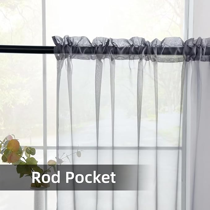 youleyar Solid Sheer Rod Pocket Curtain Voile Draperies 2 Panels White Beige Black Ivory Grey 26 Inch Width 40 Inch Long 1 Pair for Kitchen Bedroom Children Living Room Yard(Grey,26W x 40L)