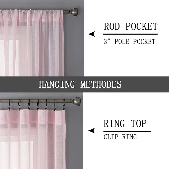 Tollpiz Sheer Tier Curtain Linen Textured Half Kitchen Curtains Sheer Light Filtering Rod Pocket Voile Small Curtains for Bathroom, 25 x 36 inches Long, Pink, Set of 2 Panels