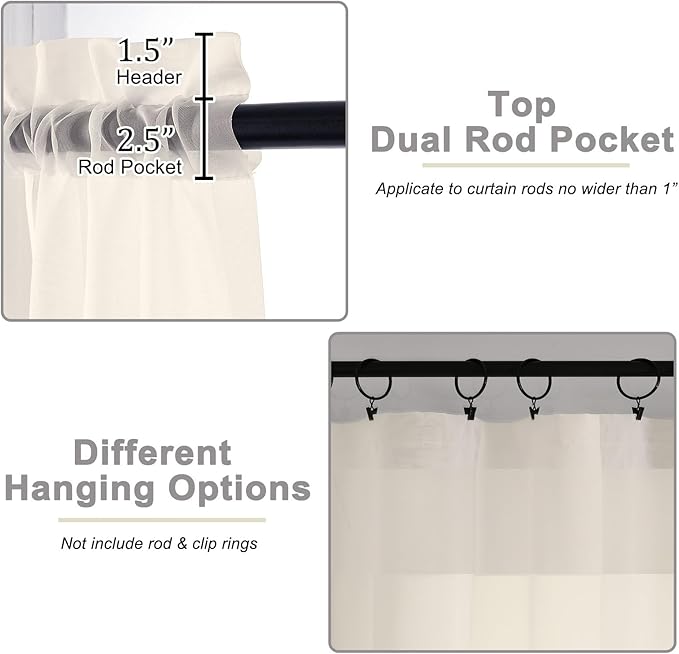 Cream Sheer Curtains for Bedroom Living Room 45 Inch Length 2 Panels, Soft Airy Light Filtering Small Kitchen Window Curtains, Rod Pocket Short Curtain Drapes, Cream, 42" Wx45 L Inches