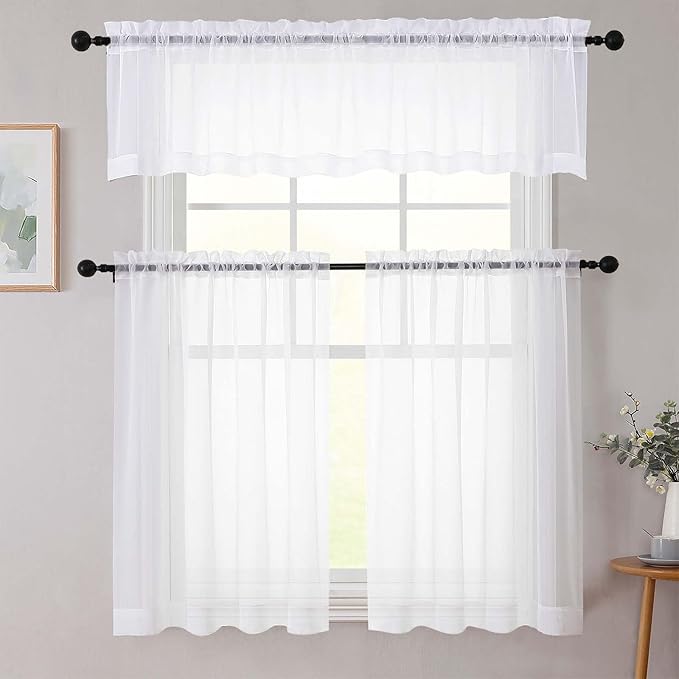 White Valances for Windows, White Sheer Curtains 14 Inch Length 2 Pack Kitchen Drapes, Modern Solid Mini Small Window Curtains for Cafe Bathroom Basement, Each 42" Wx14 L Inches