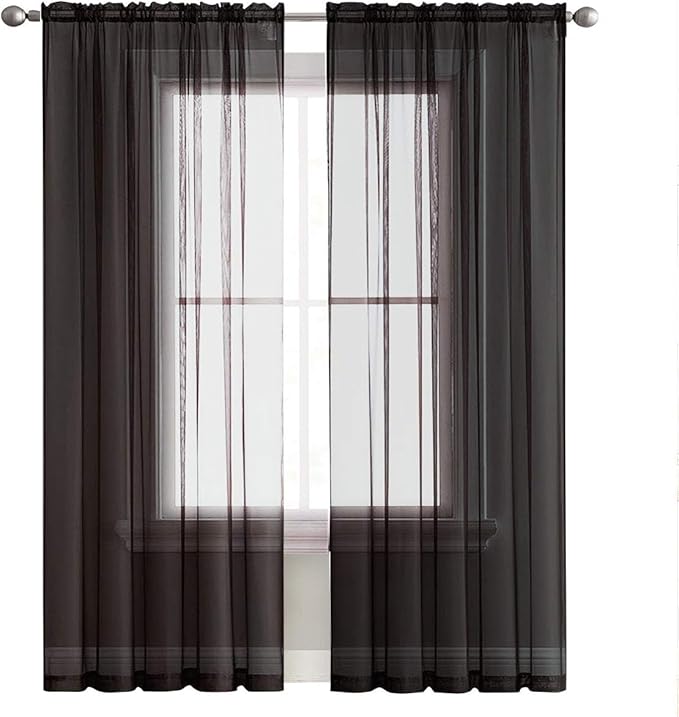 SpaceDresser Black Sheer Curtains 4 Panels Rod Pocket Semi-Sheer Curtain 90 Inches Long Light Filtering Voile Window Drapes for Bedroom Living Room Kitchen, Each 52W x 90L