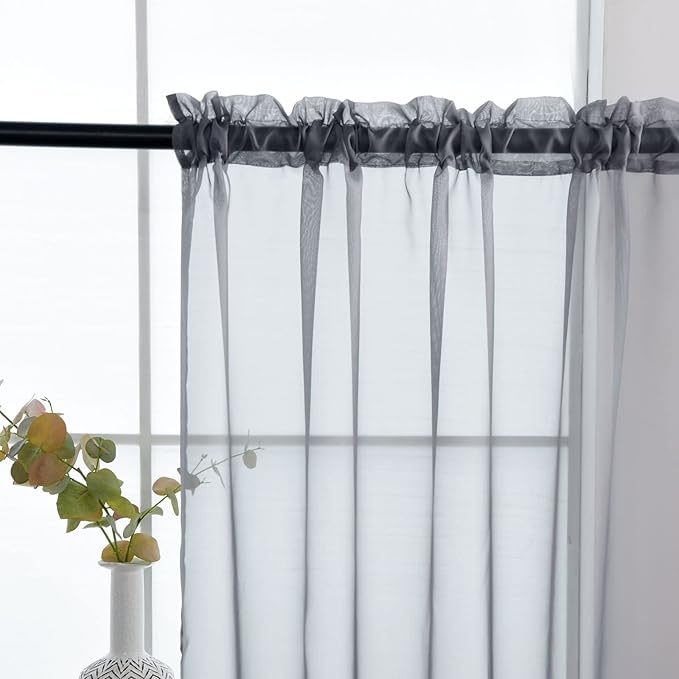 SpaceDresser Sheer Voile Window Treatment Rod Pocket Curtain Panels for Kitchen Bedroom Living Room Drapes Sunlight Filtering Privacy Semi Home Decor Assorted Colors Sizes (Grey, 52 W x 54 L)