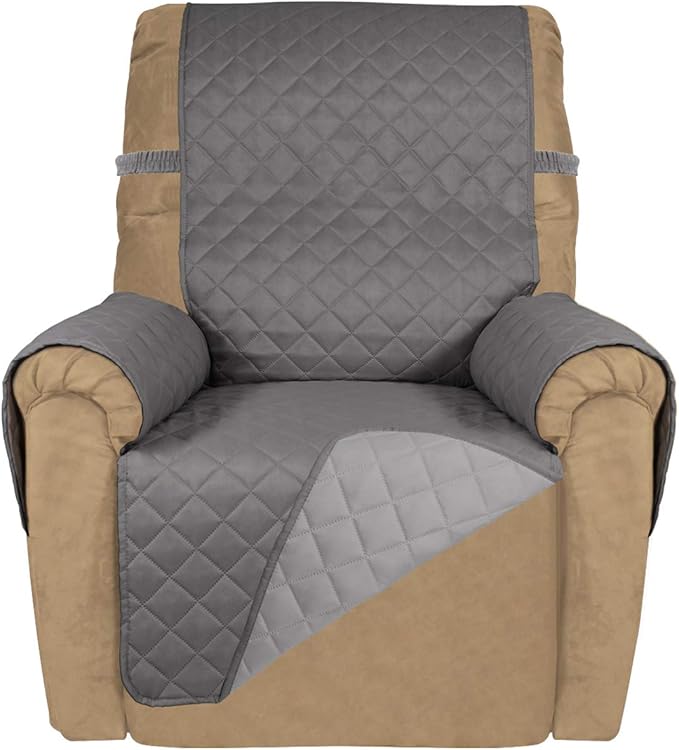 PureFit Reversible Quilted Sofa Cover, Water Resistant Slipcover Furniture Protector, Washable Couch Cover with Non Slip and Elastic Straps for Kids, Dogs, Pets (Small Recliner, Gray/Light Gray)