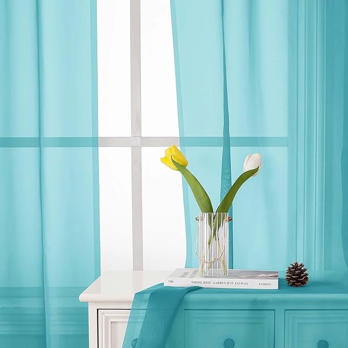 Lecloud Aqua Sheer Curtains for Living Room 90 Inches Long 2 Pcs, Voile Solid Color Airy Bedroom Decor Privacy Drapes, Dual Rod Pockets Light Filtering Soft Window Curtains, Each Panel 42" W x 90" L