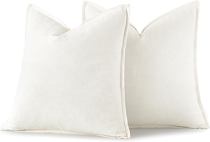 MIULEE Decorative Linen Pillow Covers 16x16 Inch Cream White Boho Farmhouse Neutral Couch Throw Pillows for Bed Pack of 2 Accent Modern Pillowcase Sofa Livingroom Home Decor