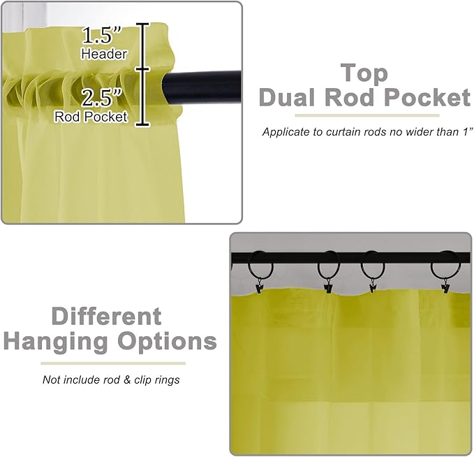 Sheer Curtains 63 Inch Length 2 Panels Set for Living Room Bedroom, Airy Soft Light Filtering Sheer Dining Room Curtains, Modern Rod Pocket Drapes, Lemon, Each 42" Wx63 L