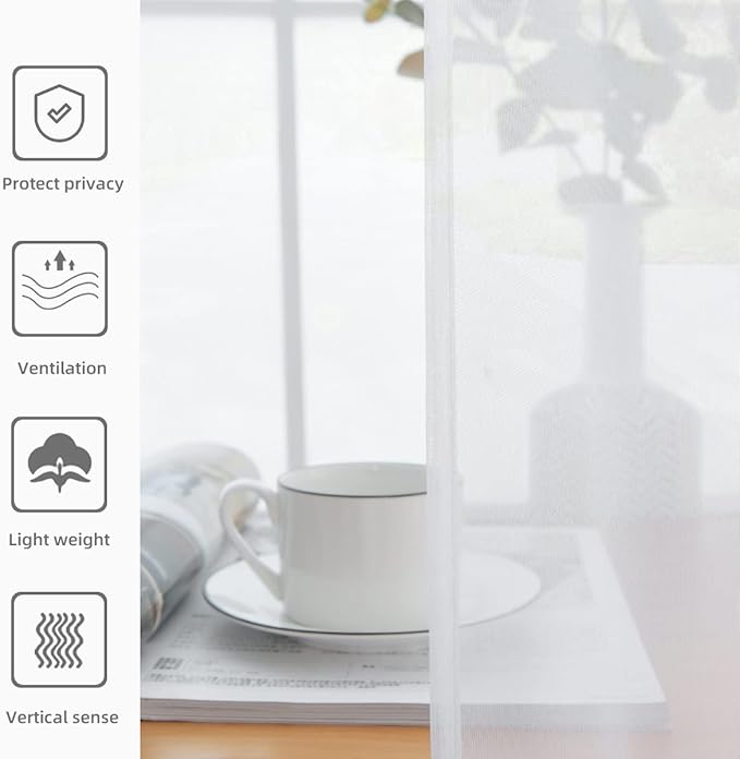 youleyar Solid Sheer Rod Pocket Curtain Voile Draperies 2 Panels White Beige Black Grey Coffee 52 Inch Width 36 Inch Long 1 Pair for Kitchen Bedroom Children Living Room Yard(White,52Wｘ36L)