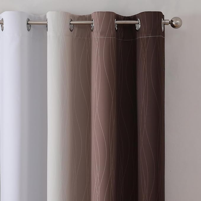 Estelar Textiler Brown and Greyish White Blackout Curtains 63 Inch Length 2 Panels Set, Full Room Darkening Grommet Ombre Curtains for Bedroom, Thermal Insulated Light Blocking Gradient Drapes,52Wx63L