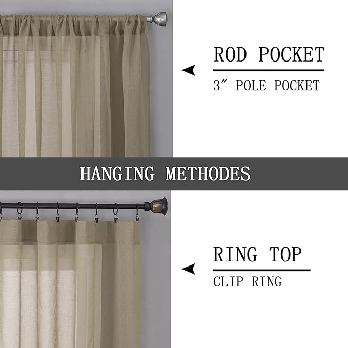 Tollpiz Sheer Curtains Linen Textured Bedroom Curtain Sheers Light Filtering Rod Pocket Voile Curtains for Living Room, 54 x 63 inches Long, Taos Taupe, Set of 2 Panels
